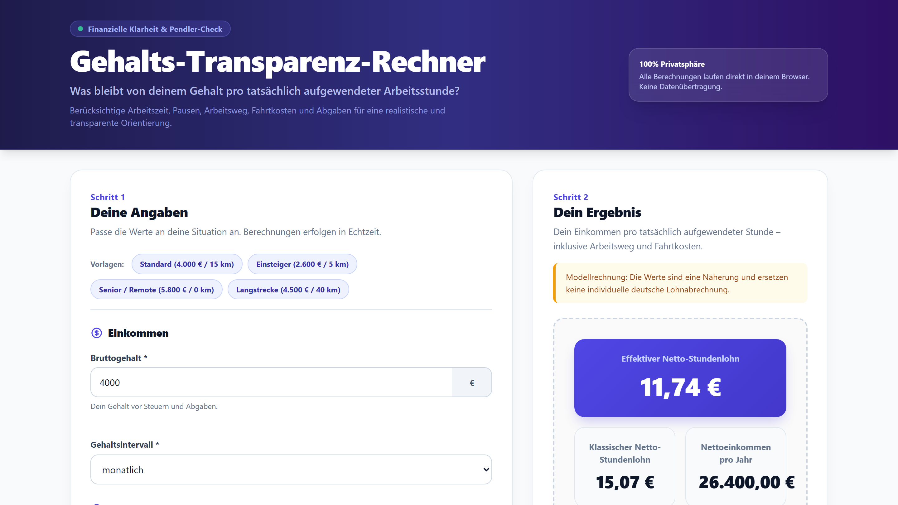 Screenshot of the Gehalts-Transparenz-Rechner salary calculator showing the effective hourly wage result