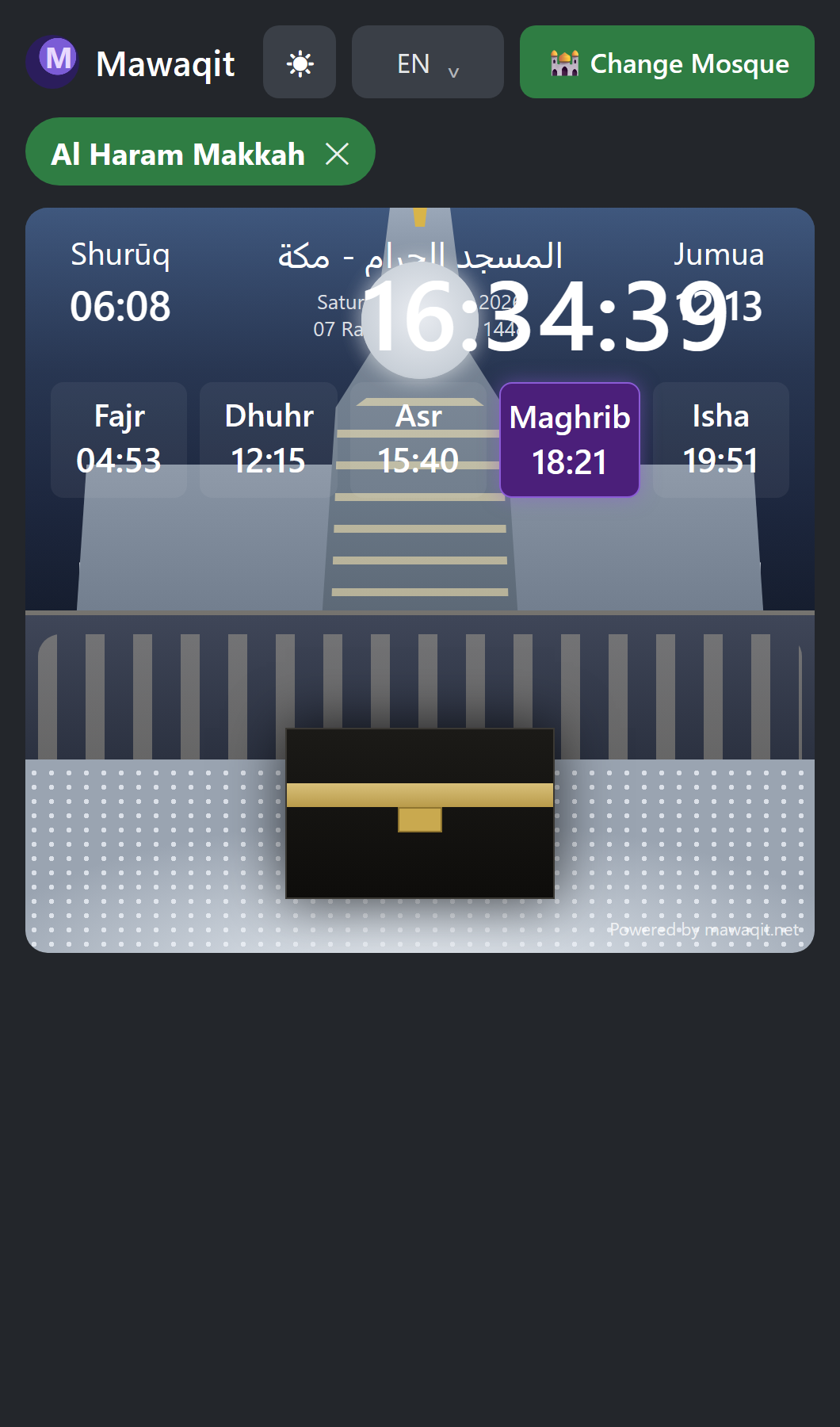 Screenshot of the Mawaqit AddOn browser extension popup showing live prayer times for Al Haram Makkah
