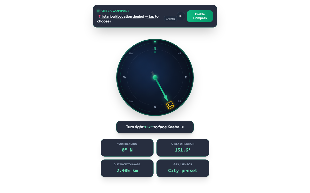 Screenshot of the Qibla Compass web app showing the compass dial pointing toward the Qibla